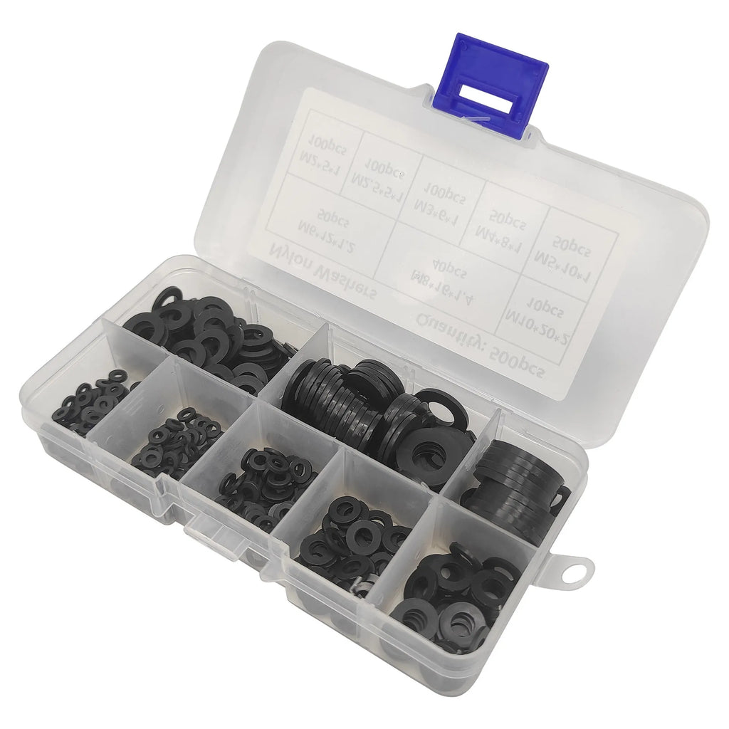 500-piece black nylon flat washer assortment kit in open box showing different sizes
