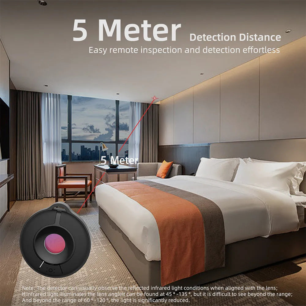 Compact infrared camera detection device with filtering lens for finding hidden surveillance cameras