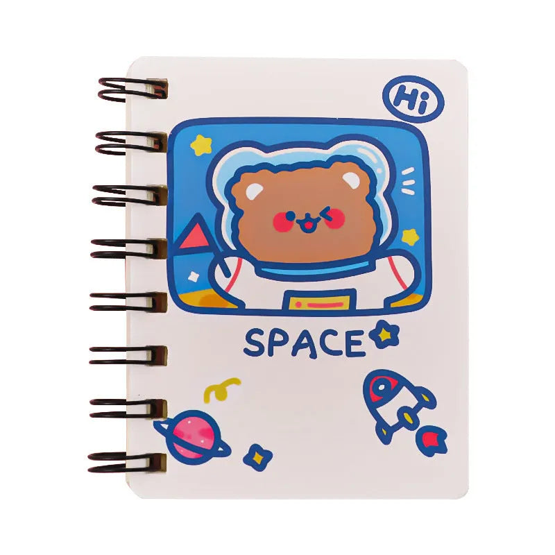 Astronaut-themed pocket flipper notebook showing compact 10.5cm by 8cm dimensions with flip-style binding