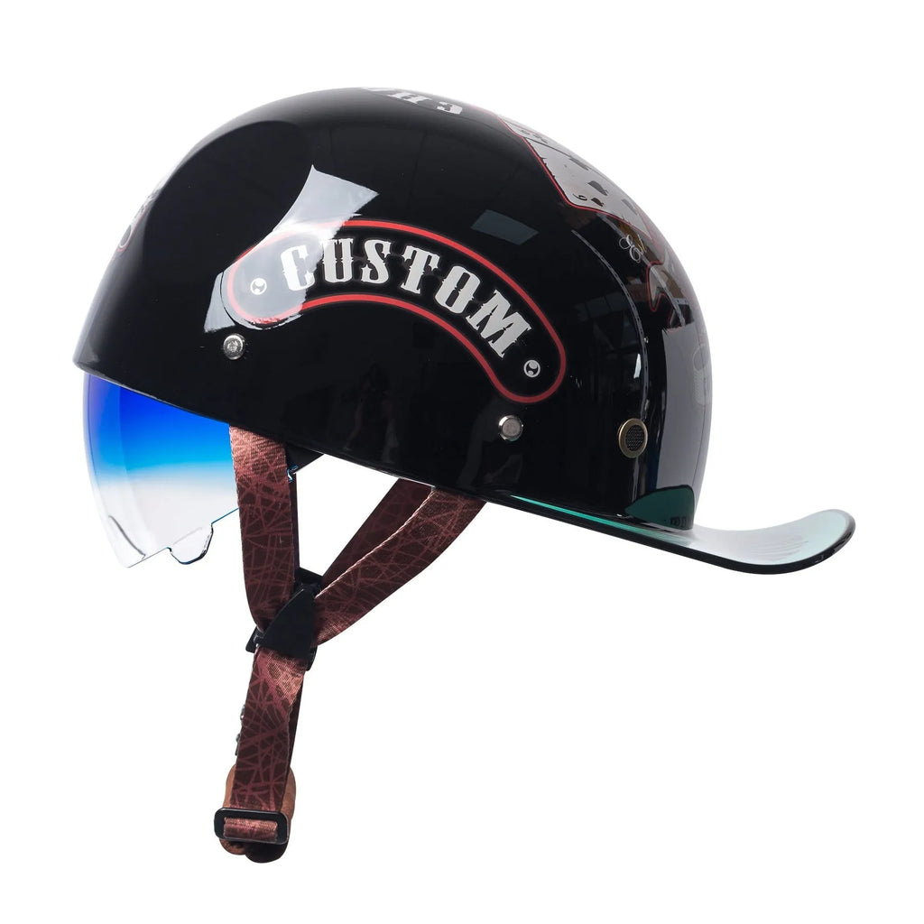 Men's retro half helmet for electric bikes in bright black with a blue gradient lens.