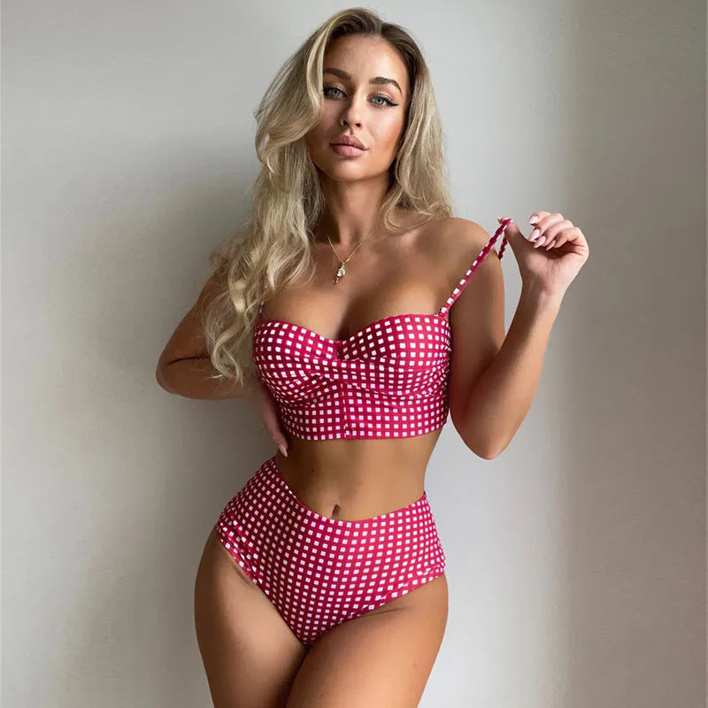 Women's high waist bikini swimsuit with plaid briefs in rose red, black, blue, or sky blue