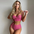Women's high waist bikini swimsuit with plaid briefs in rose red, black, blue, or sky blue