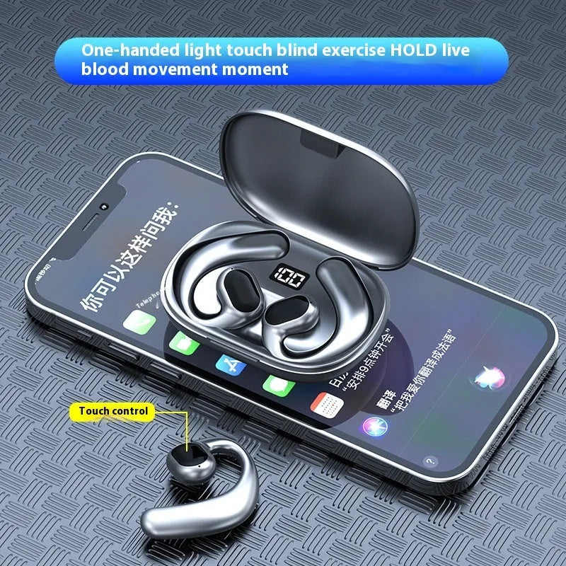 Black and white ear-mounted Bluetooth headset with digital display screen.