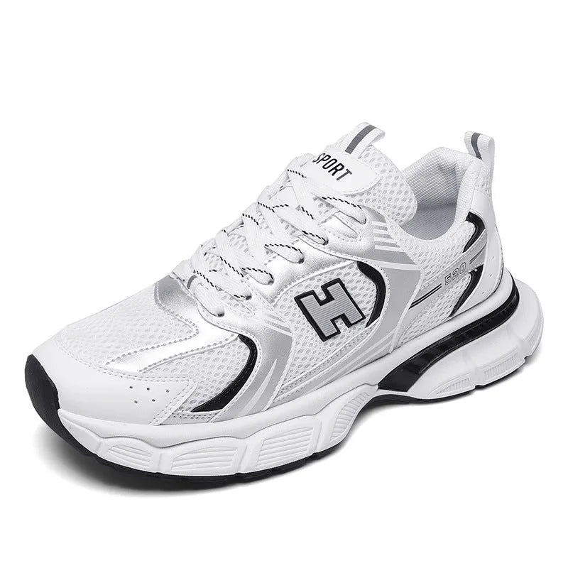 Men's mesh running shoes in black, white and grey, and white orange colours with plastic soles