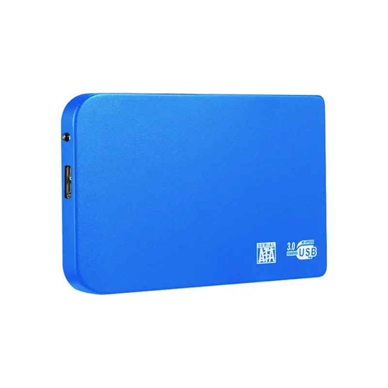 USB 3.0 external solid state drive with metal shell in black, blue, red, or silver colour options.