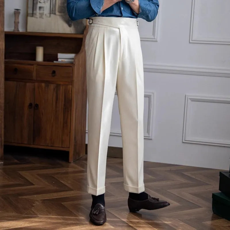 Men's high waist straight leg casual trousers in black polyester fabric on a mannequin.