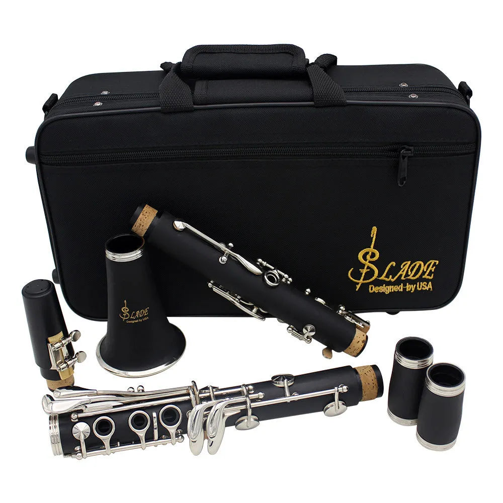 Black bakelite beginner clarinet with nickel-plated 17 keys and a included instrument bag.