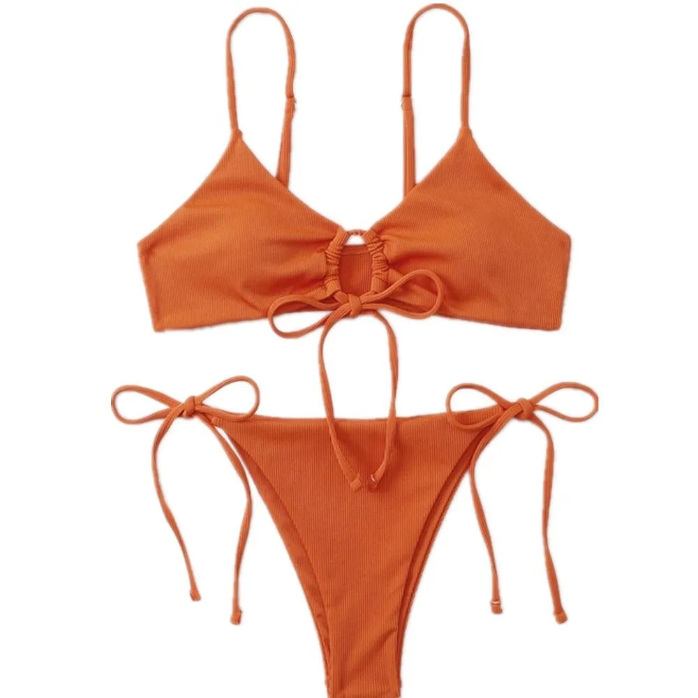 Women's solid colour bikini set with drawstring waist in quick-dry fabric showing eight colour options