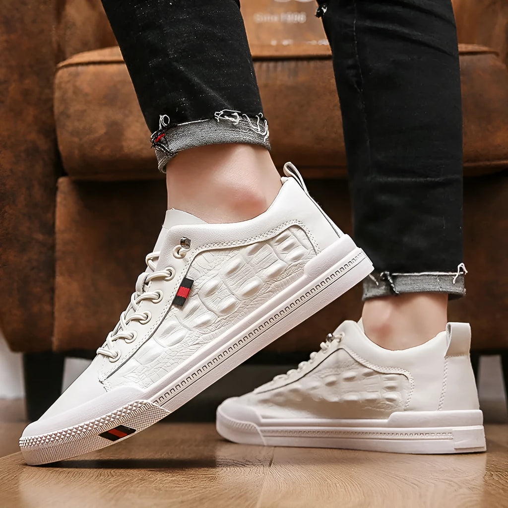 White men's lace-up casual sneakers with a PU leather upper and rubber sole on a flat heel.