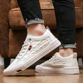 White men's lace-up casual sneakers with a PU leather upper and rubber sole on a flat heel.
