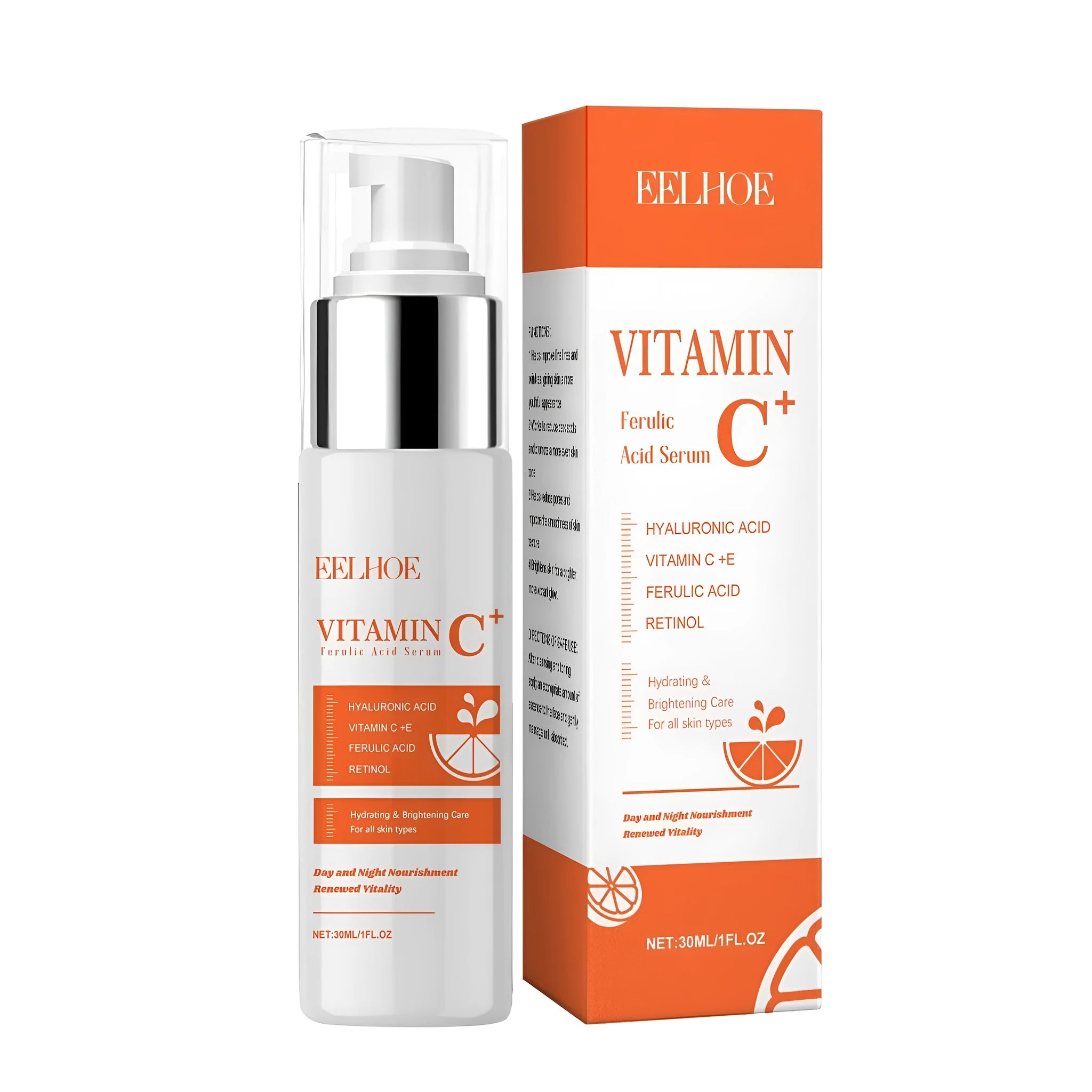 Clear 30ml glass bottle of Vitamin C Ferulic Acid Serum with hyaluronic acid
