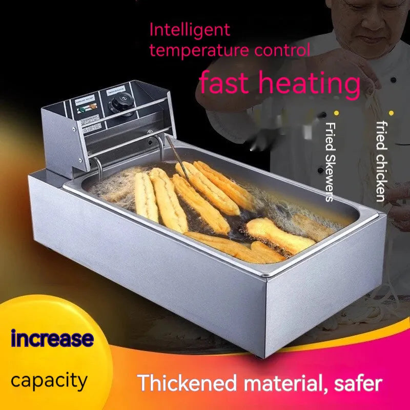 Commercial stainless steel deep fryer with large oil tank, temperature control dial, two frying baskets, and lid