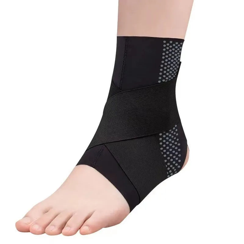 Black Lycra ankle support brace with anti-kick protection shown on adult ankle