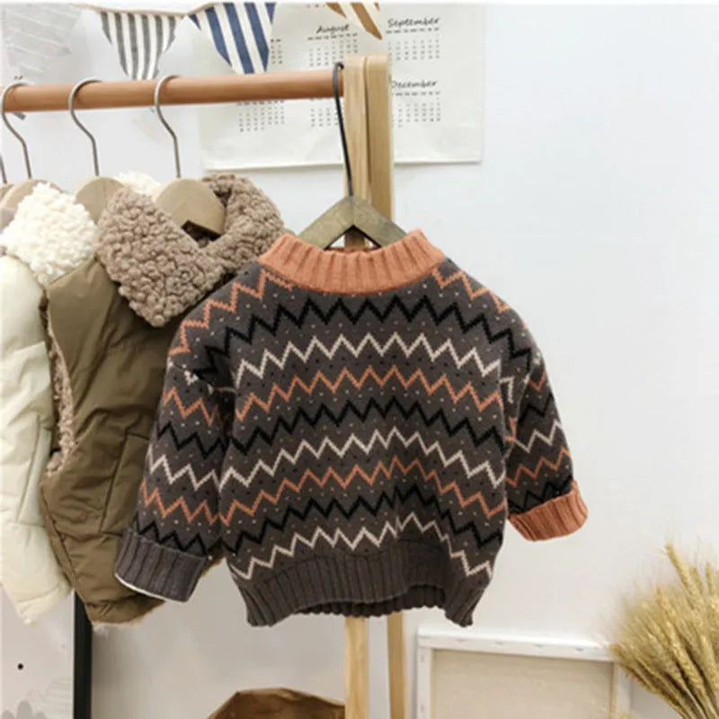 Korean style children's wool sweater in brown or apricot colour with long sleeves