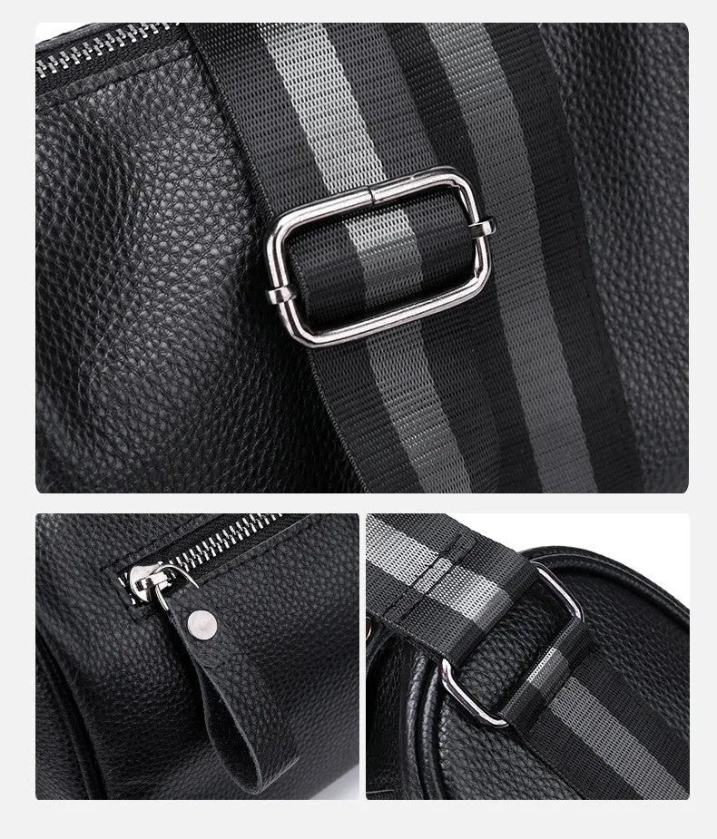 Black genuine leather one-shoulder crossbody bag with a large capacity.