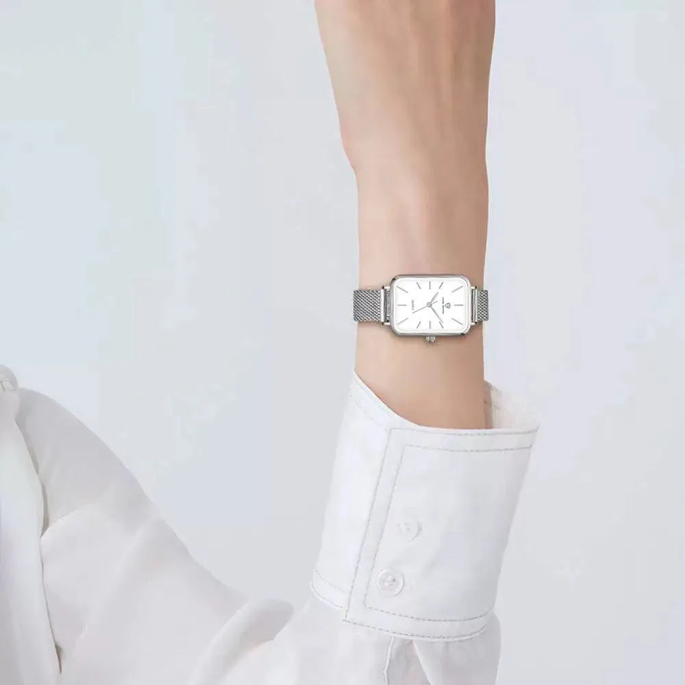 Rose gold or silver women's waterproof quartz watch with a woven steel bracelet.