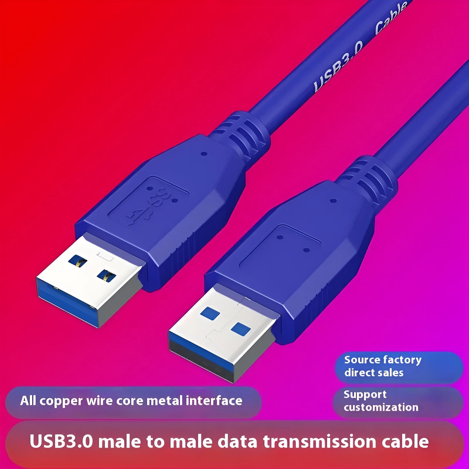 USB 3.0 A male to A male data cable with nickel connectors showing multiple length options