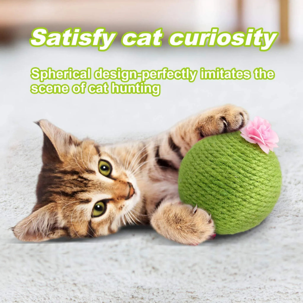 Green interactive cat toy with sisal scratcher and tumbler ball on tree tower base for indoor play