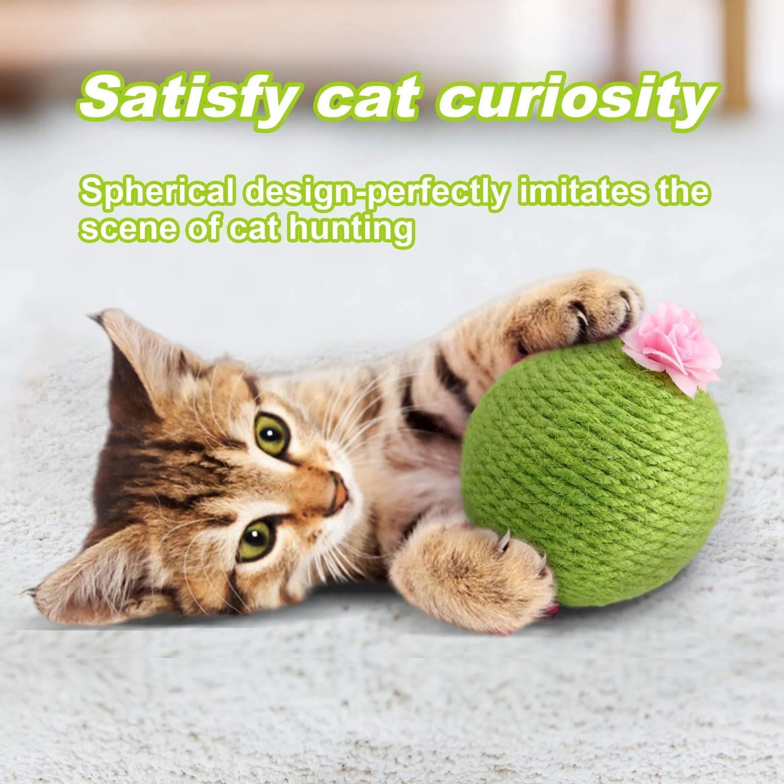 Green interactive cat toy with sisal scratcher and tumbler ball on tree tower base for indoor play