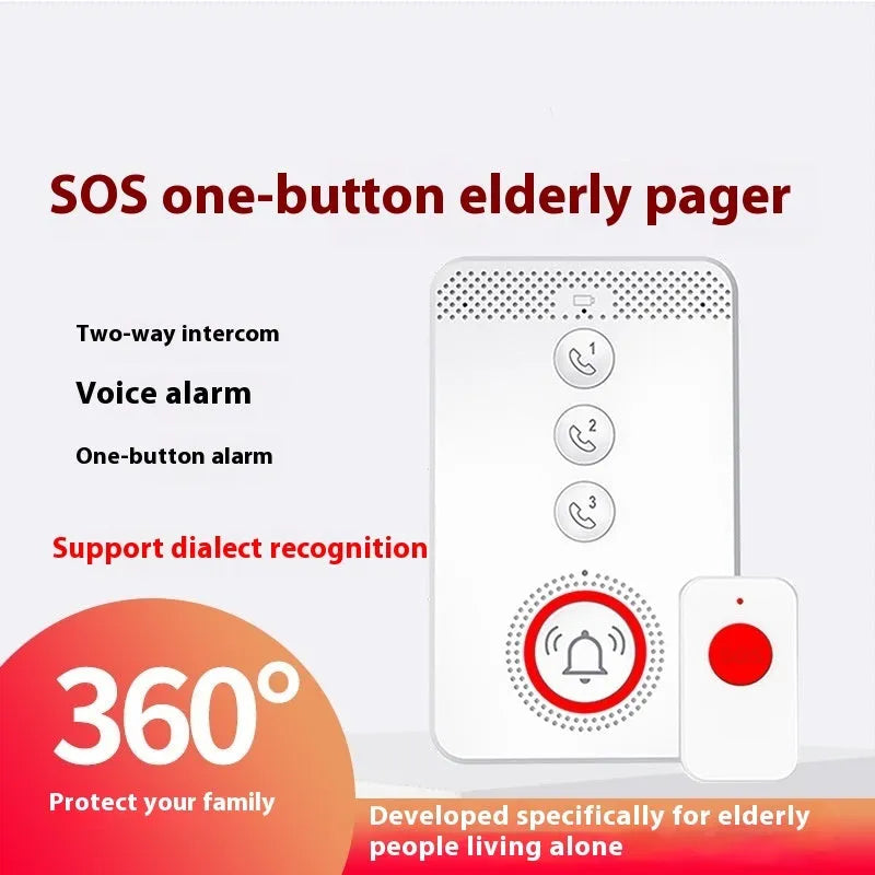 White one-click emergency alert device for the elderly showing a central buzzer unit and three remote panic buttons.