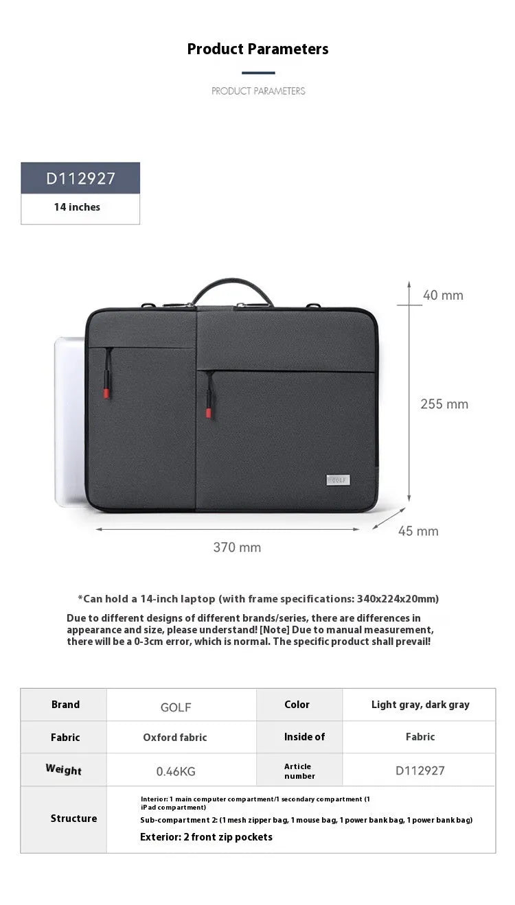 Men's 14-inch laptop sleeve protective case with shoulder strap in dark grey colour