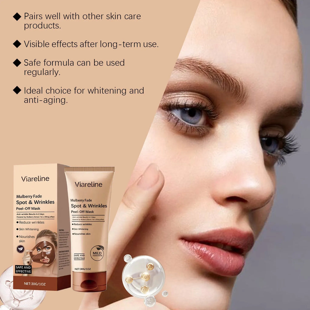 Single 30g sheet facial mask for wrinkle care containing hyaluronic acid and collagen.