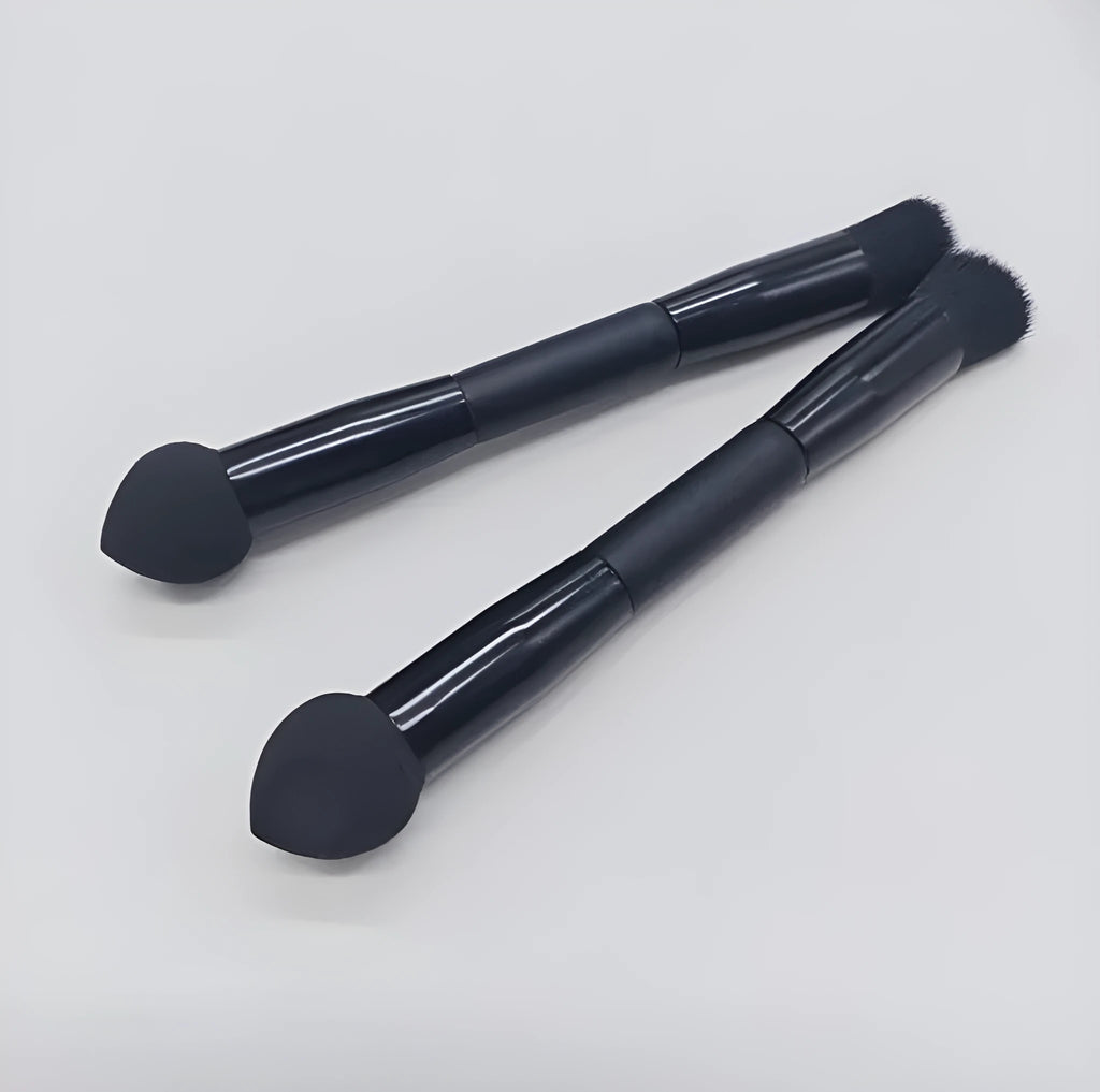 Double-headed miter sponge concealer brush with wooden handle in elegant black