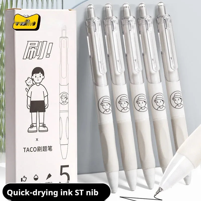 Five black ballpoint pens with white brush details and 0.5mm tips for exam writing