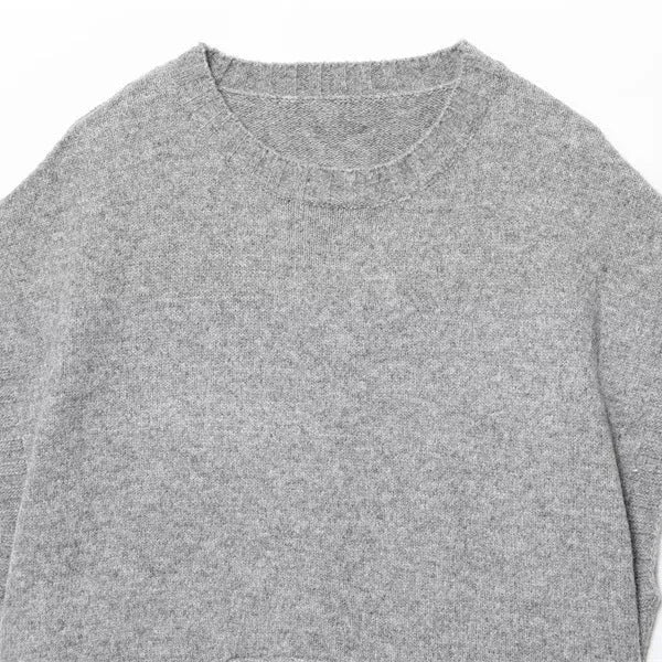Women's gray knitted oversized vest sweater with contrast stripes, front view, pullover style
