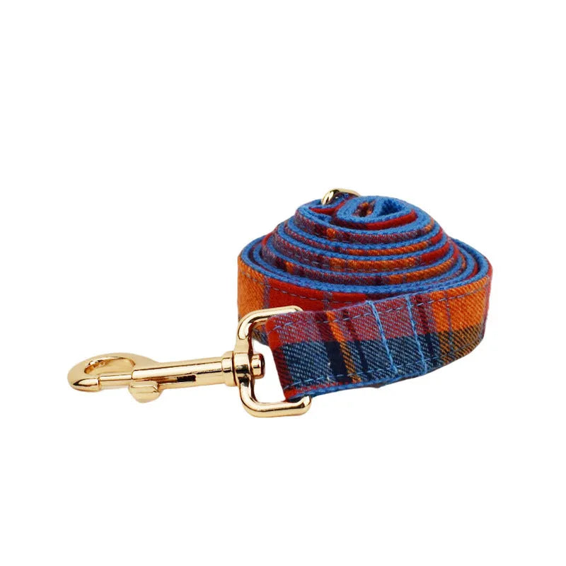Blue plaid cloth dog collar with attached hand holding rope on adjustable size settings