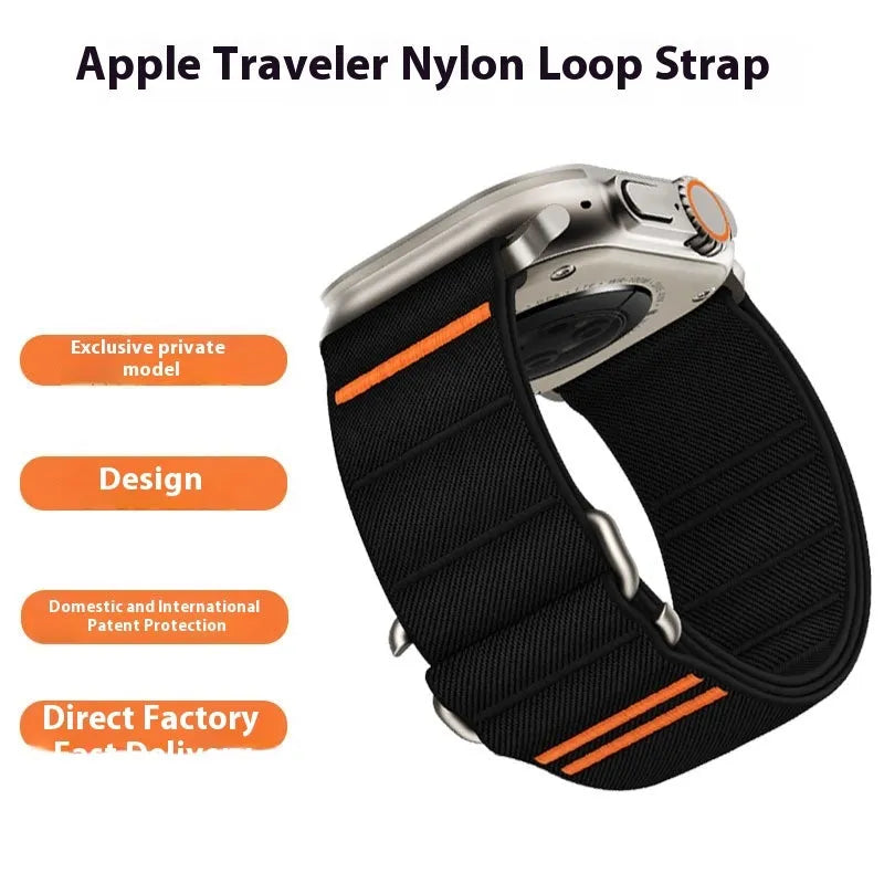 Elastic nylon Apple Watch replacement strap with stainless steel buckle in multiple colour options.