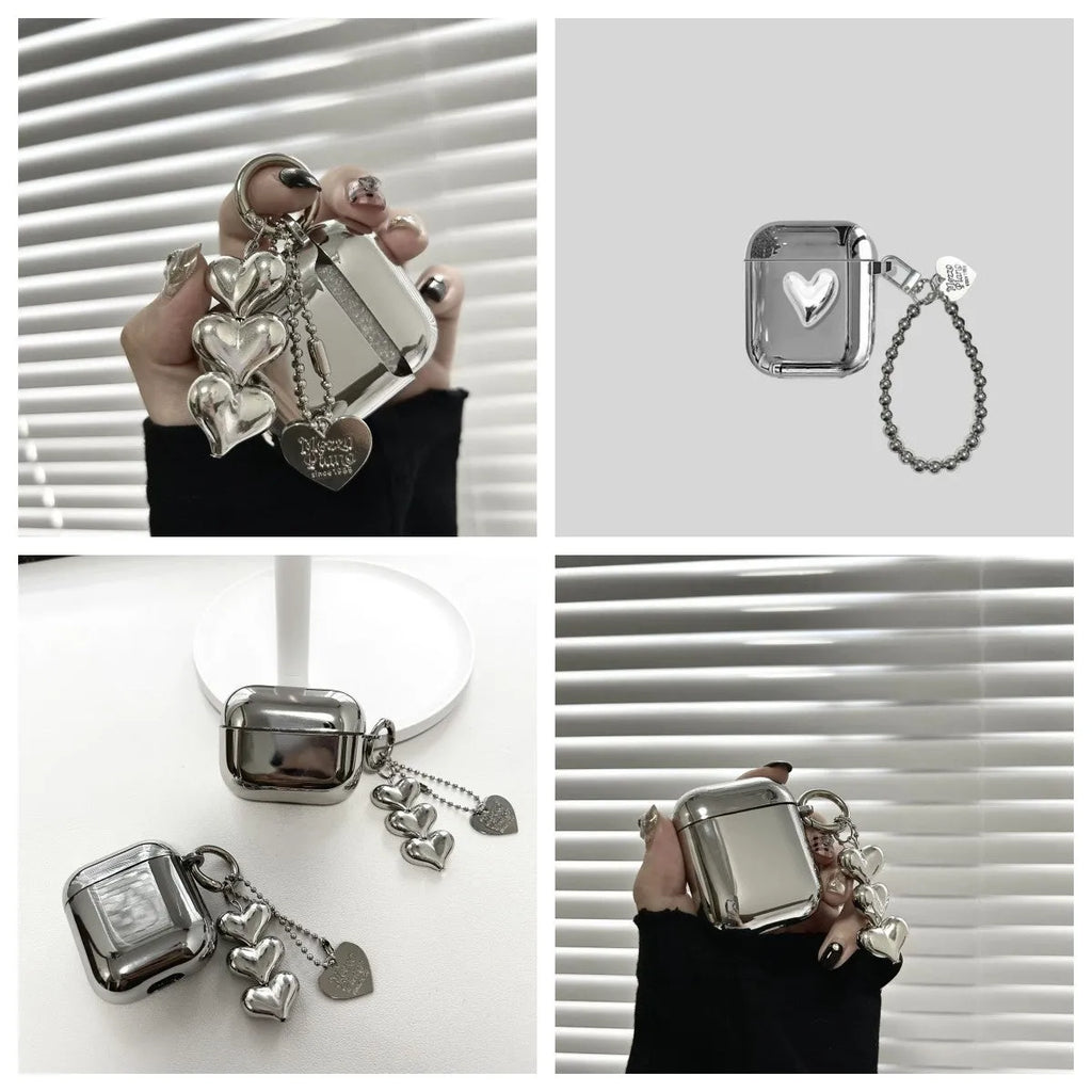 Electroplated solid colour TPU AirPods case with heart pendant charm and chain attachment