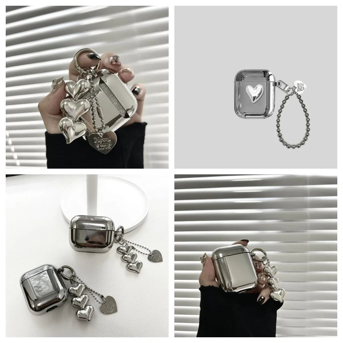 Electroplated solid colour TPU AirPods case with heart pendant charm and chain attachment