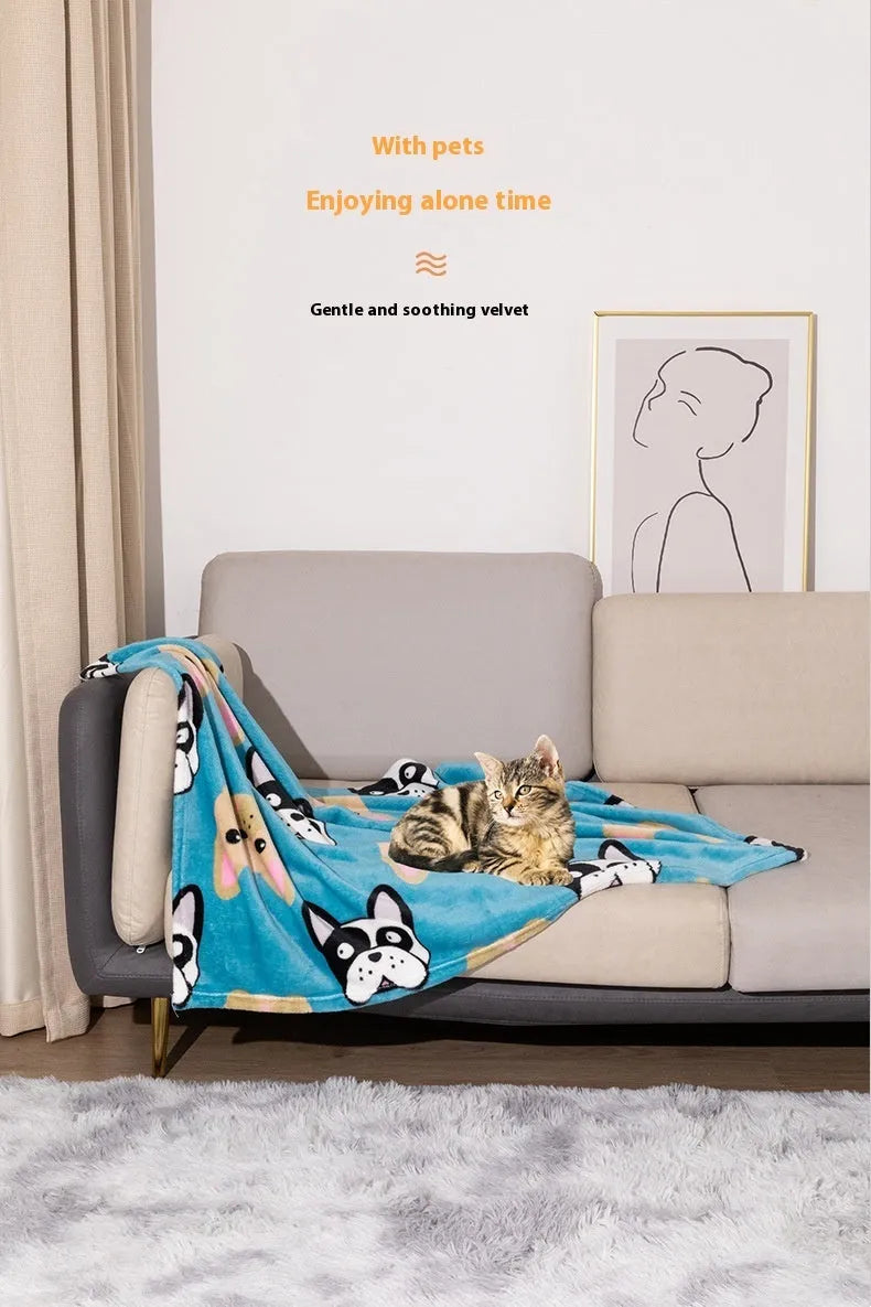Blue cartoon dog pattern double-sided flannel pet blanket shown at 100x120cm size.