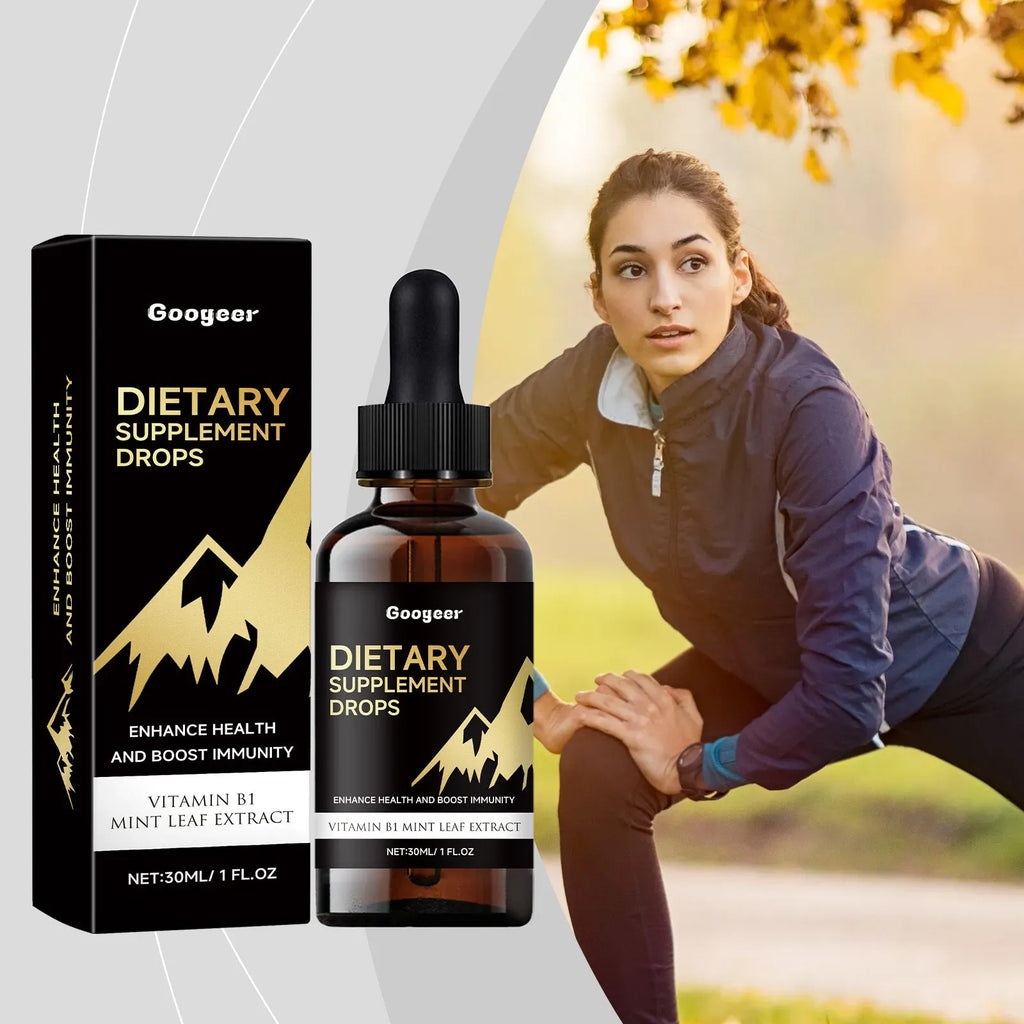 30 ml glass bottle of vitamin C and E dietary supplement drops with a dropper top.