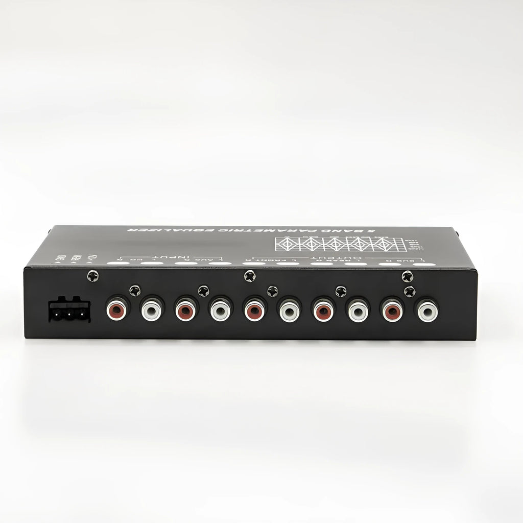 Black car audio equaliser amplifier with frequency control knobs and compact 18.5cm design