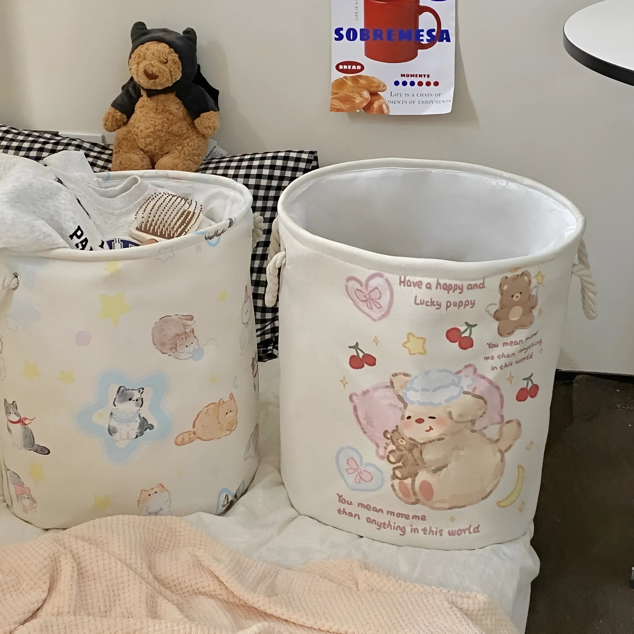 Foldable cotton laundry basket in Baby Bear and Rabbit design collapsed and unfolded showing storage capacity
