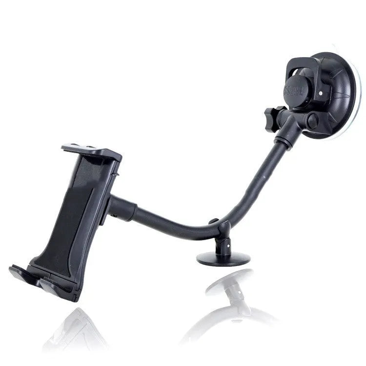 Black vehicle-mounted tablet holder with long-rod suction cup for 4-12 inch devices on a car dashboard.