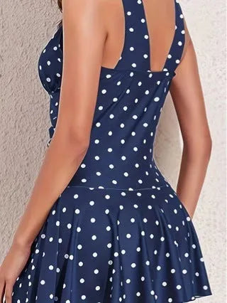 Blue polka dot print women's plus size swimsuit bikini set with skirt top and brief bottoms