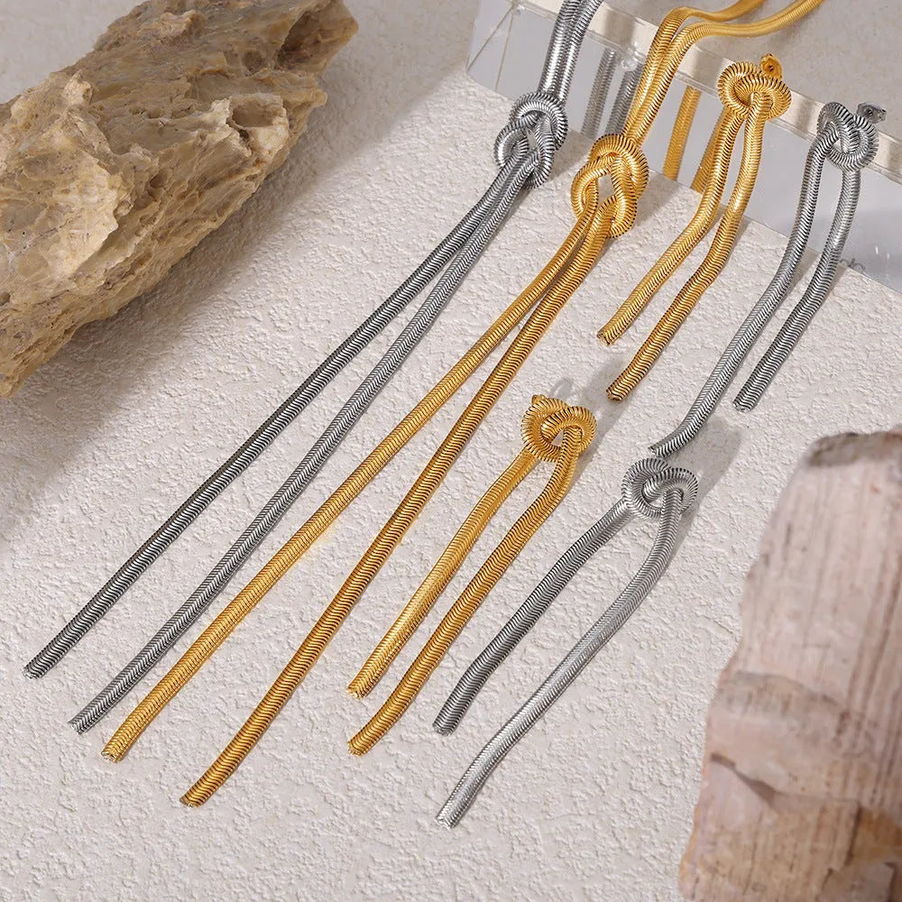 Gold knotted tassel snake chain long necklace and matching earrings set for women