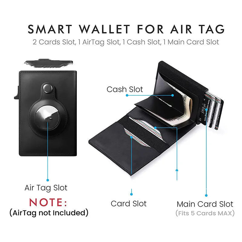 Crazy Horse Black genuine leather card holder wallet with AirTag slot and card pockets
