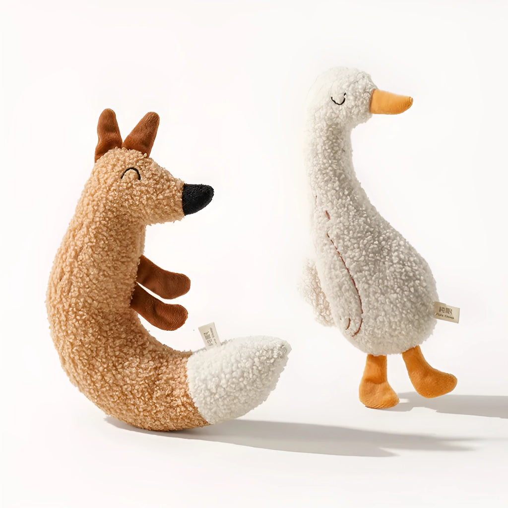 Cartoon fox and duckling design chew-resistant dog toys made from teddy velvet fabric.