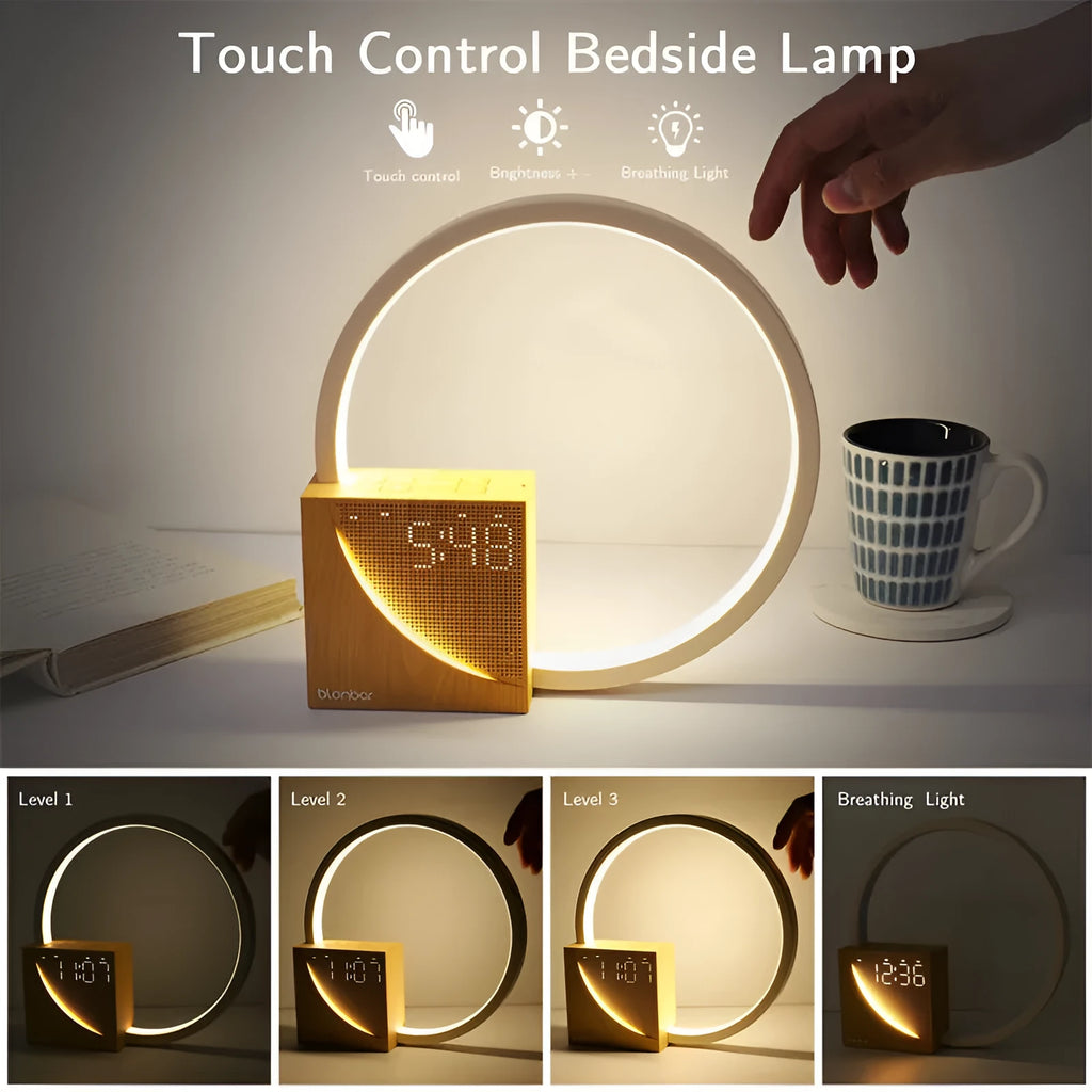 Navy blue wooden finish touch control bedside lamp with digital alarm clock display and natural sounds.