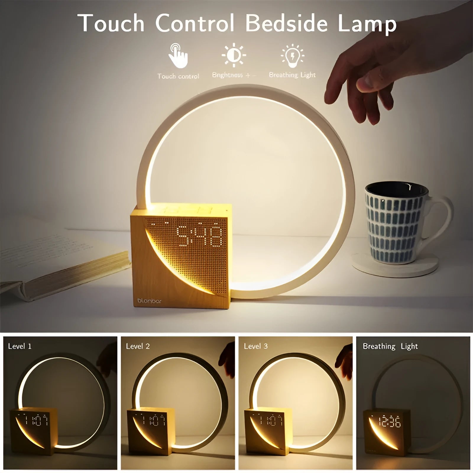 Navy blue wooden finish touch control bedside lamp with digital alarm clock display and natural sounds.