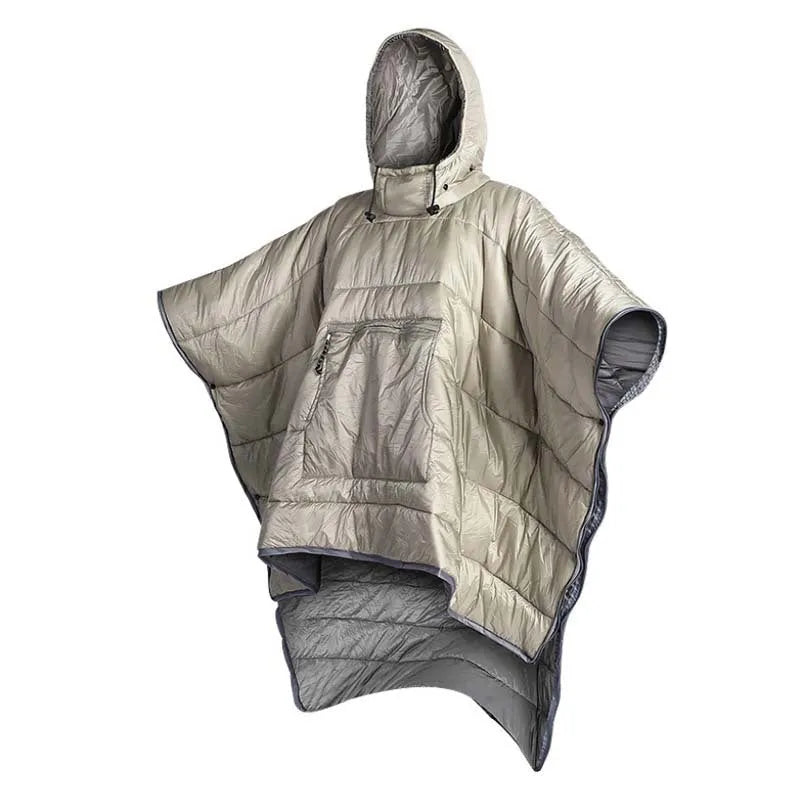 Army Green outdoor cloak sleeping bag worn as a cape, showing its 200x140cm size and nylon fabric.