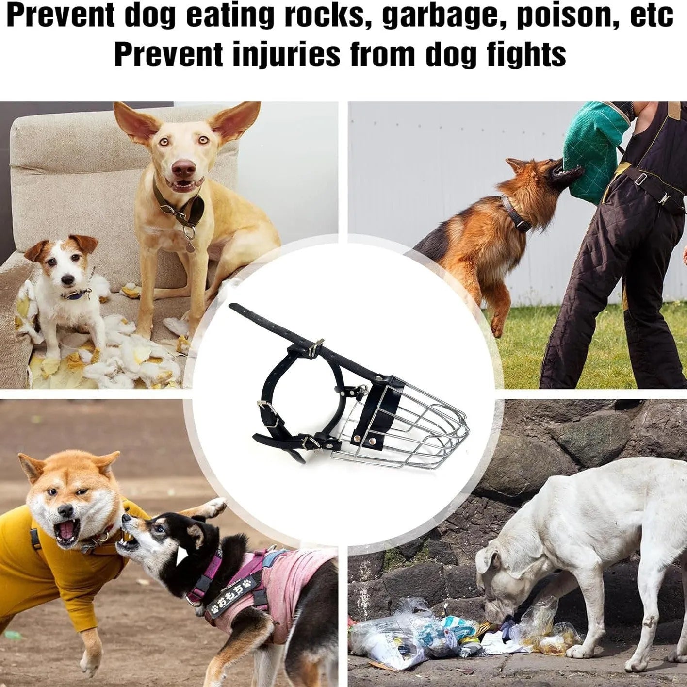Black metal mesh dog muzzle designed for Golden Retrievers and German Shepherds on a grey background