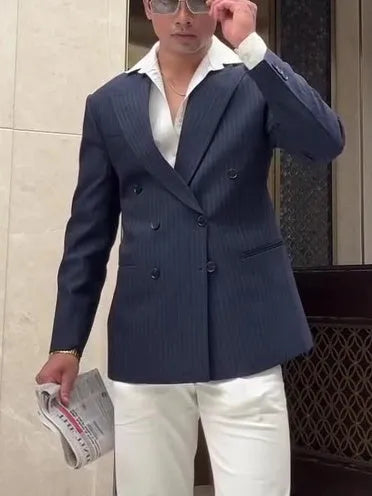Men's striped double-breasted polyester blazer shown in regular fit for daily wear