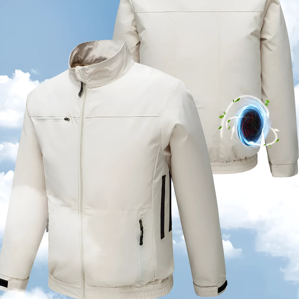 Men's black smart air conditioning work jacket with integrated cooling fan and multiple ventilation holes.