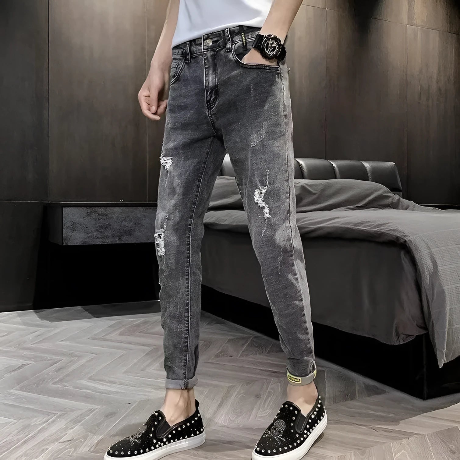 Men's high waist cotton jeans with button fly and tapered leg in picture colour