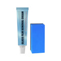 Blue car glass oil film remover tool and soft sponge brush for cleaning windshields and windows.